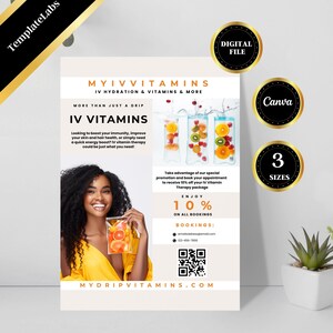 Modelo de hidratação intravenosa, folheto de terapia intravenosa, gotejamento intravenoso, folheto de conscientização da marca, folheto Canva, folheto para impressão, edição no Canva, 3 tamanhos, folheto faça você mesmo