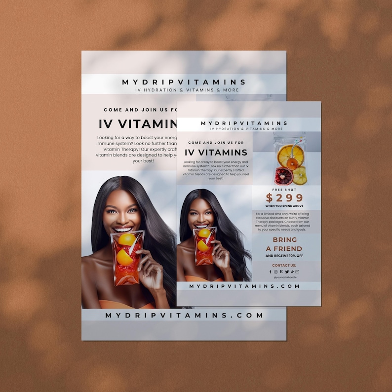 Puede incluir: Un folleto que anuncia servicios de terapia intravenosa de vitaminas. El folleto presenta a una mujer sosteniendo una bolsa transparente con un l&iacute;quido rojo y una rodaja de naranja. El folleto incluye el texto "MyDripVitamins" y "IV Hydration & Vitamins & More".