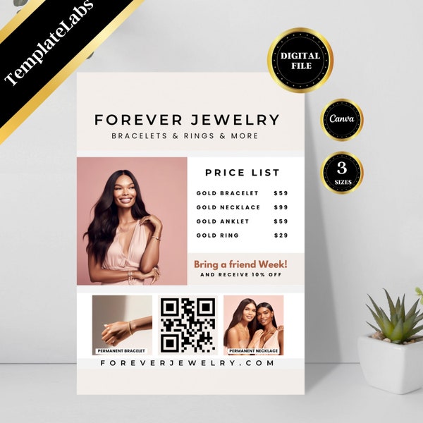 Permanent Jewelry Pop Up Flyer, Permanent Jewelry Price List, Price Sheet Flyer Template, Flyer Canva, Edit in Canva, 3 Sizes, DIY Flyer