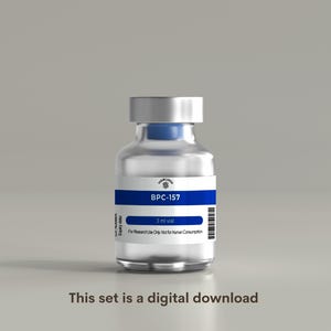 May include: A clear glass vial with a silver cap and a white label featuring a blue horizontal stripe. The label displays the text BPC-157, 3 ml vial, and For Research Use Only Not for Human Consumption, along with a barcode and a small logo.