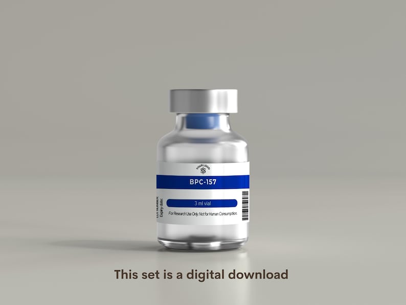 May include: A clear glass vial with a silver cap and a white label featuring a blue horizontal stripe. The label displays the text BPC-157, 3 ml vial, and For Research Use Only Not for Human Consumption, along with a barcode and a small logo.