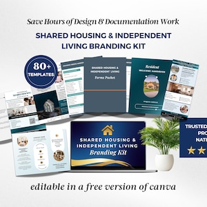 May include: A digital branding kit for shared housing and independent living, featuring over 80 templates, a resident handbook, and forms. The kit includes documents with text, a laptop screen displaying the branding kit title, and a small potted plant.