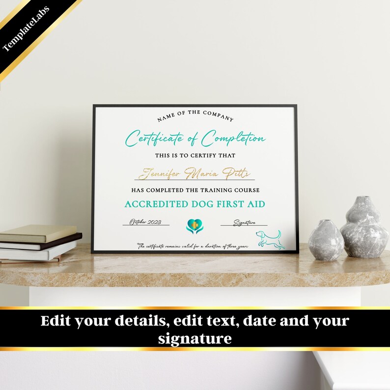 Dog First Aid Printable Certificate, Puppy First Aid, Certificate of Completion Template, CPR ...
