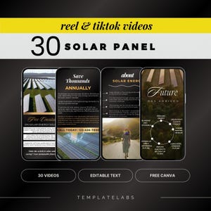 Pode incluir: Um conjunto de três maquetes de tela de telefone para marketing em mídias sociais. A primeira maquete mostra um campo de painéis solares com texto sobre economizar milhares de euros por ano. A segunda maquete mostra uma mulher caminhando por um caminho com texto sobre energia solar. A terceira maquete mostra um gráfico circular com texto sobre o futuro da energia solar. O texto na parte inferior da imagem diz "30 vídeos, texto editável, Canva grátis, TemplateLabs".