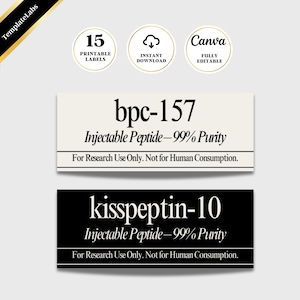 Könnte beinhalten: Zwei Etiketten, eines cremefarbenes und eines schwarzes, mit Text. Das cremefarbene Etikett lautet "bpc-157 Injectable Peptide - 99% Purity" und "For Research Use Only. Not for Human Consumption." Das schwarze Etikett lautet "kisspeptin-10 Injectable Peptide - 99% Purity" und die gleiche Warnung.