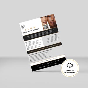 May include: A promotional flyer with the word "GLOW" in gold lettering, featuring images of two women. The flyer includes text about CHK-Cu BPC-157 and TB-500, with a QR code and a call to action to visit a website. An "Instant Download" badge is also visible.