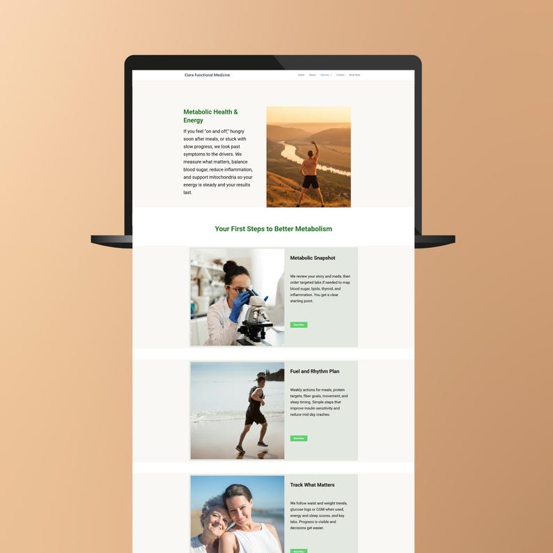 K&ouml;nnte beinhalten: Ein Laptop zeigt eine Website &uuml;ber Stoffwechselgesundheit und Energie. Die Website enth&auml;lt Text und Bilder, darunter eine Person, die sich im Freien bewegt, eine Wissenschaftlerin, die ein Mikroskop benutzt, und Menschen am Strand. Der Text enth&auml;lt "Metabolic Health & Energy".