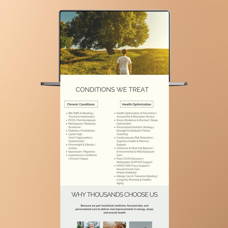 Puede incluir: Una pantalla digital muestra el texto "CONDICIONES QUE TRATAMOS" y enumera afecciones cr&oacute;nicas y servicios de optimizaci&oacute;n de la salud. La imagen en la parte superior presenta a una persona caminando hacia un &aacute;rbol en un campo soleado.