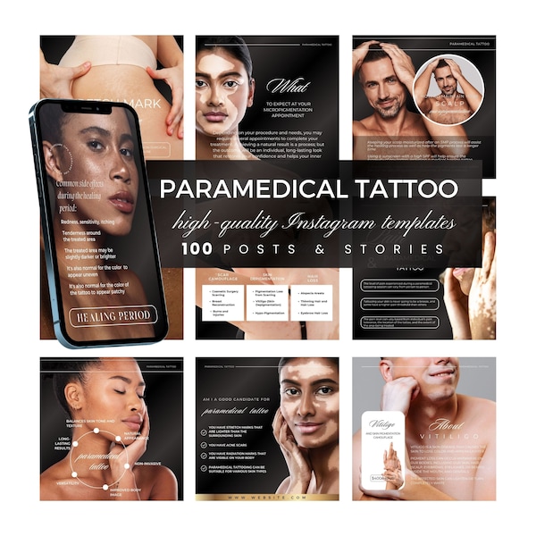 Paramedische tatoeage, striae camouflage, tepelhof tattoo, PMU sjabloon, Instagram inhoud, Canva sjabloon, bewerken in Canva, DIY sjabloon