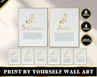 Trichologie, Haarausfall-Behandlungsspezialist, Kopfhautbehandlungs-Wandkunst, druckbare Wandkunst, Arztpraxis-Wandkunst, 8er-Set, Digitaldrucke