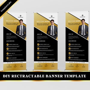 Bannière rétractable pour agence immobilière, Modèle de bannière pour agent immobilier, Bannière à enrouler, Bannière d'événement, Modèle entièrement modifiable, Bannière sur toile, Fichier DIY