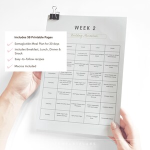 May include: A printable meal plan for week 2 of a 30-day semaglutide meal plan. The plan includes breakfast, lunch, dinner, and snack options. The text "Building Momentum" is at the top of the page.