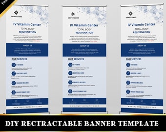 Banderole rétractable Hydratation IV, modèle de bannière à enrouler, bannière d'événement, modèle entièrement modifiable, bannière en toile, fichier DIY, 30 x 80 po