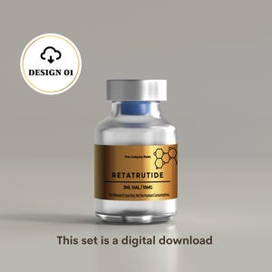 May include: A clear glass vial with a silver cap and a blue stopper, featuring a gold label with the text RETATRUTIDE, 3ML VIAL / 10MG, and For Research Use Only Not for Human Consumption. A circular icon with a cloud and arrow reads DESIGN 01.