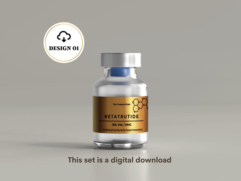 May include: A clear glass vial with a silver cap and a blue stopper, featuring a gold label with the text RETATRUTIDE, 3ML VIAL / 10MG, and For Research Use Only Not for Human Consumption. A circular icon with a cloud and arrow reads DESIGN 01.