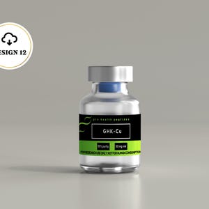 May include: A clear glass vial with a silver cap and blue stopper. The label is black and green with the text pro health peptides, GHK-Cu, 99% purity, 50 mg vial, and FOR RESEARCH USE ONLY. NOT FOR HUMAN CONSUMPTION. A circular icon with a cloud and arrow reads DESIGN 12.