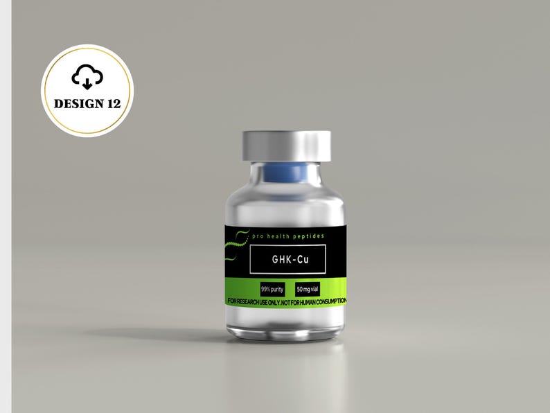 May include: A clear glass vial with a silver cap and blue stopper. The label is black and green with the text pro health peptides, GHK-Cu, 99% purity, 50 mg vial, and FOR RESEARCH USE ONLY. NOT FOR HUMAN CONSUMPTION. A circular icon with a cloud and arrow reads DESIGN 12.