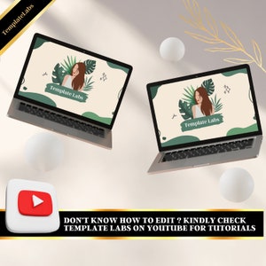 May include: Two laptop computers with a green and white background featuring a woman with long brown hair. The text "Template Labs" is displayed on the screen of each laptop. The image includes a play button icon and the text "DON'T KNOW HOW TO EDIT? KINDLY CHECK TEMPLATE LABS ON YOUTUBE FOR TUTORIALS."