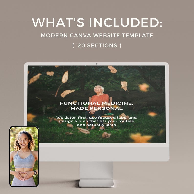 Puede incluir: Un monitor de ordenador muestra el texto "FUNCTIONAL MEDICINE, MADE PERSONAL" sobre una imagen de una mujer sentada al aire libre. Un smartphone muestra a una mujer con ropa deportiva. El texto "WHAT'S INCLUDED: MODERN CANVA WEBSITE TEMPLATE (20 SECTIONS)" est&aacute; en la parte superior.