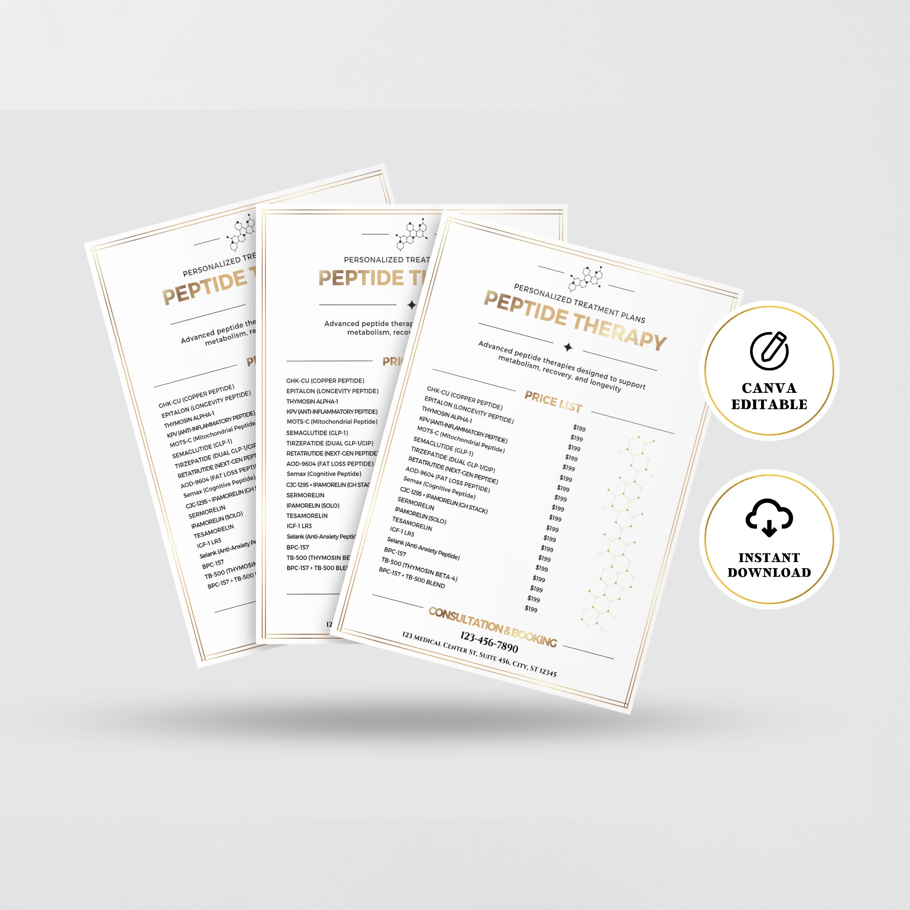 Peptide Price List Template, Peptide Printables, Peptide Therapy Template, Marketing Material, Canva Template, Price Sheet, Fully Editable