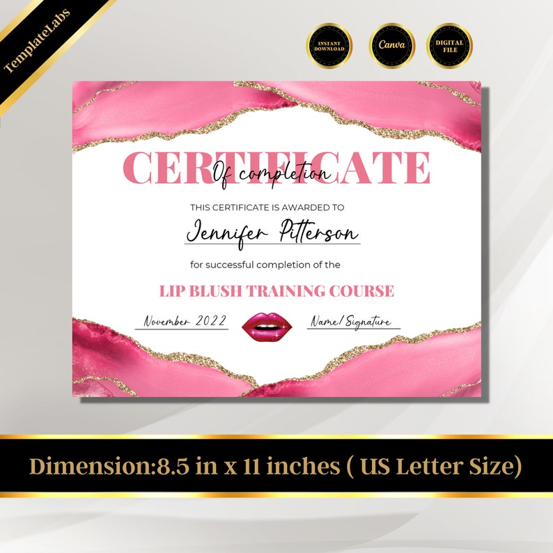 Lip Blush Certificate Certificate of Completion Template Lip Etsy