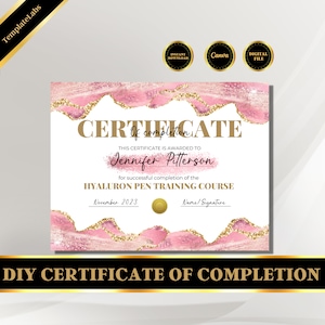 Hyaluron Pen Certificate, Certificate Of Completion Template, Editable Canva Template, Digital Download, Diy Certificate Of Completion