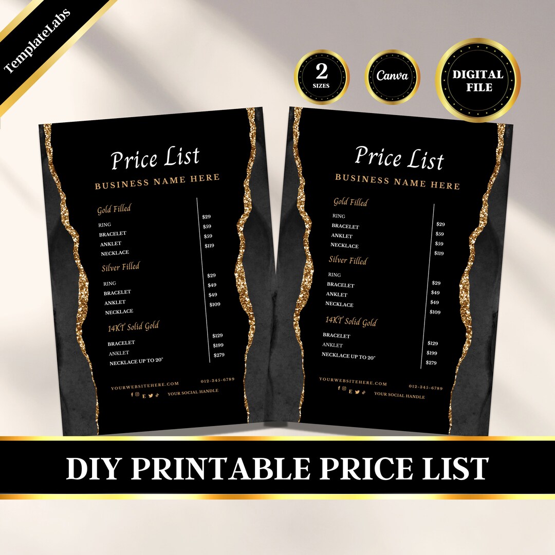 Permanent Jewelry Price List, Printable Price List, Price Guide Canva