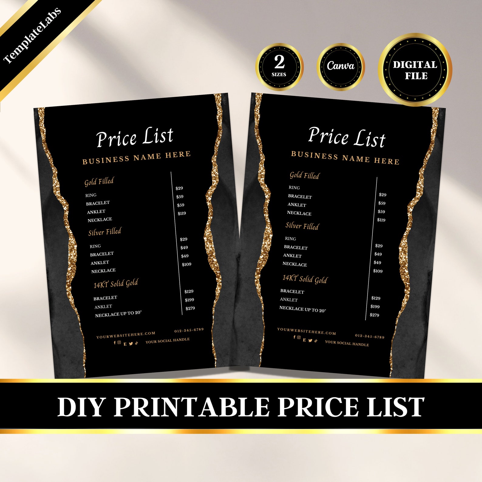 Permanent Jewelry Price List, Printable Price List, Price Guide Canva 