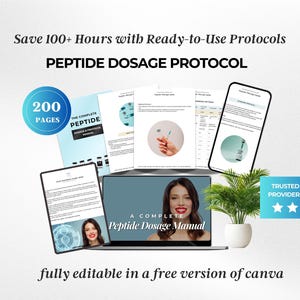 Puede incluir: Un paquete de productos digitales titulado Peptide Dosage Protocol que incluye un manual de 200 páginas, protocolos listos para usar y plantillas editables. La pantalla muestra un portátil, una tableta y páginas impresas con texto y diagramas.