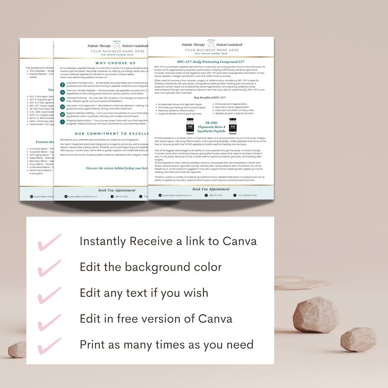 May include: A stack of three brochures with the text "Peptide Therapy" and "Patient Guidebook". The brochures have a white background with green and gold accents. The bottom of the image shows text that says "Instantly Receive a link to Canva".