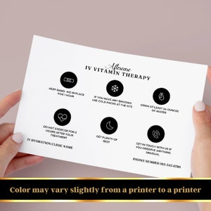 May include: Black and white infographic with instructions for aftercare following IV vitamin therapy. The instructions include keeping a band-aid in place for one hour, using cold packs for bruising, drinking 24 ounces of water, getting plenty of rest, and contacting the clinic if you observe anything unusual. The phone number for the clinic is 012-345-6789.