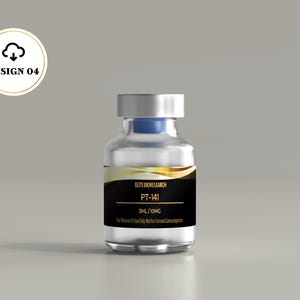 May include: A clear glass vial with a silver cap and a blue stopper. The label is black with gold accents and features the text: ELITE BIORESEARCH, PT-141, 3ML/10MG, For Research Use Only. Not for Human Consumption. The vial is cylindrical in shape.