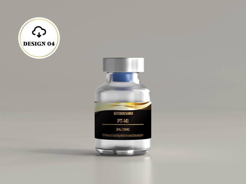 May include: A clear glass vial with a silver cap and a blue stopper. The label is black with gold accents and features the text: ELITE BIORESEARCH, PT-141, 3ML/10MG, For Research Use Only. Not for Human Consumption. The vial is cylindrical in shape.
