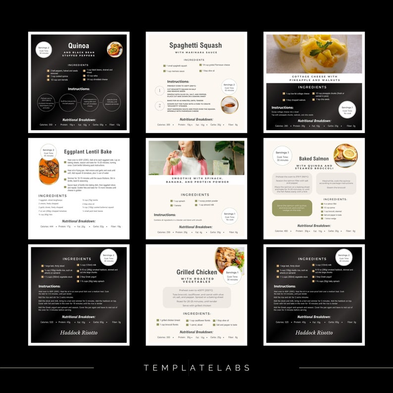 May include: A collage of nine recipe cards with black and white backgrounds. Each card features a different recipe with a title, ingredients, instructions, and nutritional breakdown. The recipes include Quinoa and Black Bean Stuffed Peppers, Spaghetti Squash with Marinara Sauce, Cottage Cheese with Pineapple and Walnuts, Eggplant Lentil Bake, Smoothie with Spinach, Banana, and Protein Powder, Baked Salmon with Quinoa and Steamed Broccoli, Haddock Risotto, Grilled Chicken with Roasted Vegetables, and Haddock Risotto.