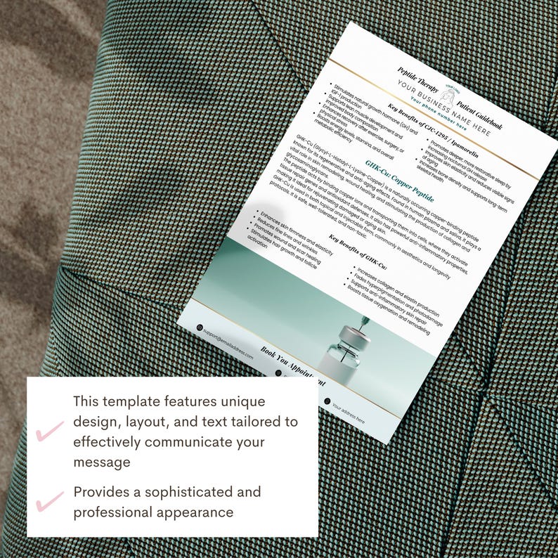 May include: A white and teal brochure with the text "Peptide Therapy" and "Your Business Name Here" on a textured, dark green fabric. The brochure lists benefits of peptide therapy and GHK-Cu: Copper Peptide.