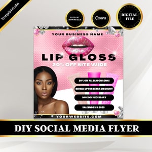 Lip Gloss Flyer, Lip Gloss Template, Lip Gloss Business, E Flyer, Social Media Flyer, Instagram Post, Edit in Canva, DIY Template