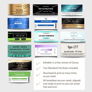 May include: A collection of rectangular labels for vials featuring various peptide names like TB-500, Retatrutide, and BPC-157. The labels display text including For Research Use Only, Not for Human Consumption, and include a list of features for editable Canva templates.