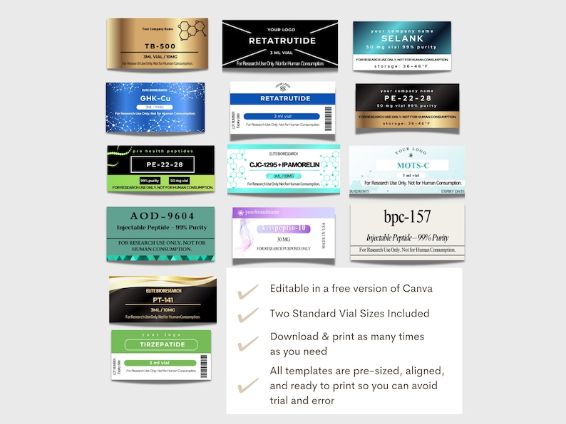 May include: A collection of rectangular labels for vials featuring various peptide names like TB-500, Retatrutide, and BPC-157. The labels display text including For Research Use Only, Not for Human Consumption, and include a list of features for editable Canva templates.