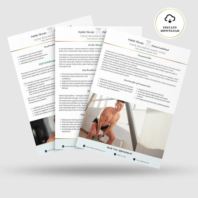 May include: Three white patient guidebooks with the text "Peptide Therapy" and "Your Business Name Here." The guidebooks have key benefits listed and a photo of a man working out. An "Instant Download" icon is in the upper right corner.