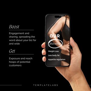 Puede incluir: La pantalla de un tel&eacute;fono inteligente muestra una campa&ntilde;a de marketing para un programa de p&eacute;rdida de peso. La pantalla muestra a una mujer con un sujetador negro y el texto "OUR promise" con una lista de beneficios: P&eacute;rdida de peso, Menos grasa corporal, Regulaci&oacute;n del apetito.
