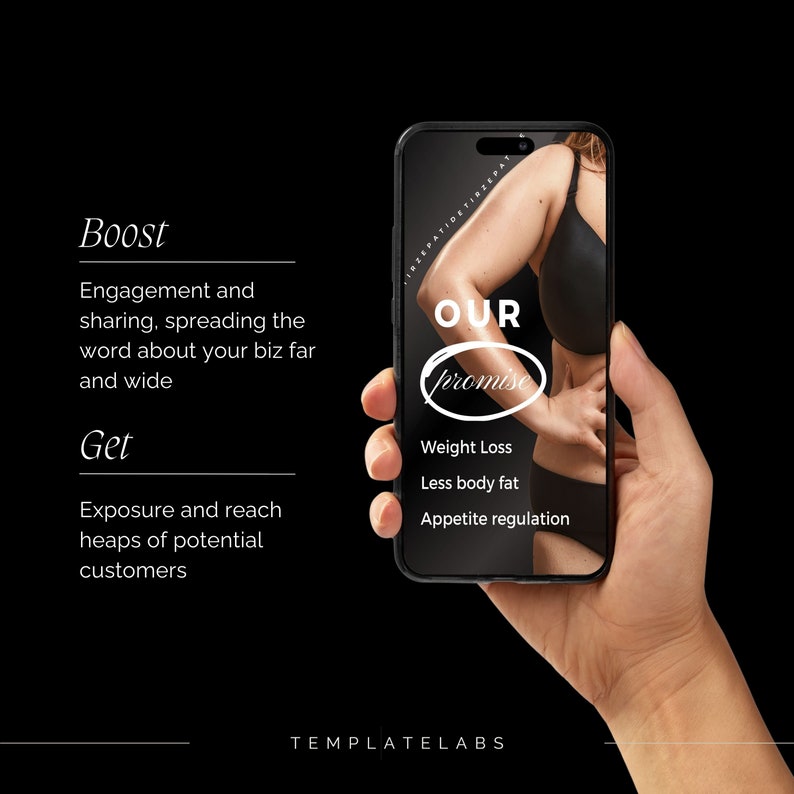 Puede incluir: La pantalla de un tel&eacute;fono inteligente muestra una campa&ntilde;a de marketing para un programa de p&eacute;rdida de peso. La pantalla muestra a una mujer con un sujetador negro y el texto "OUR promise" con una lista de beneficios: P&eacute;rdida de peso, Menos grasa corporal, Regulaci&oacute;n del apetito.