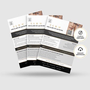 May include: Three white and black flyers with the word "GLOW" in gold lettering. The flyers have text and images of faces. The flyers also have the text "CANVA EDITABLE" and "INSTANT DOWNLOAD" in gold circles.