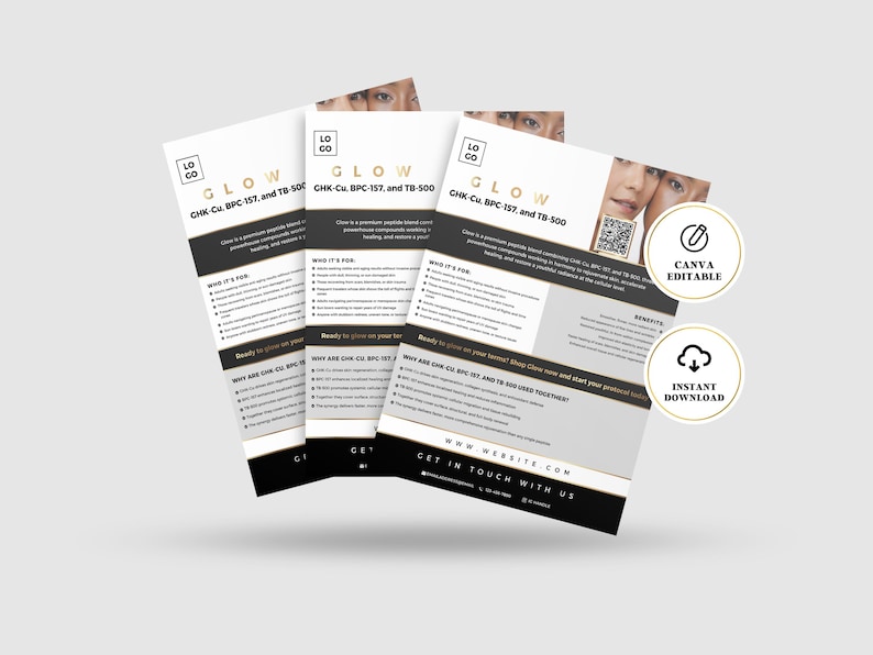 May include: Three white and black flyers with the word "GLOW" in gold lettering. The flyers have text and images of faces. The flyers also have the text "CANVA EDITABLE" and "INSTANT DOWNLOAD" in gold circles.