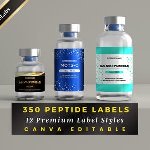 Puede incluir: Tres frascos de vidrio transparente con tapas plateadas y etiquetas. Las etiquetas muestran texto como "CJC-1295+IPAMORELIN" y "MOTS-C". Debajo de los frascos hay una pancarta negra con el texto "350 PEPTIDE LABELS" y "CANVA EDITABLE".