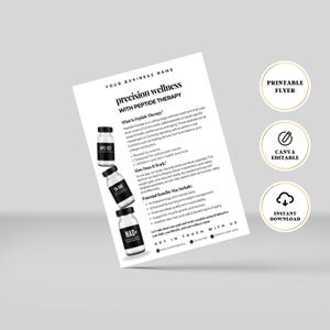 Puede incluir: Un folleto blanco con el texto "precision wellness with peptide therapy" y tres pequeñas botellas negras. El folleto también incluye el texto "Printable Flyer", "Canva Editable" y "Instant Download".