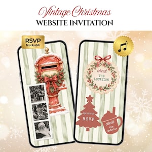 May include: Two smartphones displaying a digital Christmas invitation with a vintage theme. The screens feature a red mailbox, a wreath with the text check the LOCATION, a tree with tap here to RSVP, and a mug with check the details.