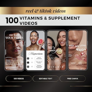 Könnte beinhalten: Eine Collage aus drei Telefonbildschirmen, die Videovorlagen für Vitamine und Nahrungsergänzungsmittel zeigen. Der erste Bildschirm zeigt einen Mann mit dem Text "Ihre Gesundheit IHRE BEDINGUNGEN". Der zweite Bildschirm zeigt eine Frau, die eine Grapefruit hält, mit dem Text "Magnesium" und einer Liste von Vorteilen. Der dritte Bildschirm zeigt eine lächelnde Frau mit dem Text "es geht um DICH" und "WARUM WIR NAD+ LIEBEN" mit einer Liste von Vorteilen.