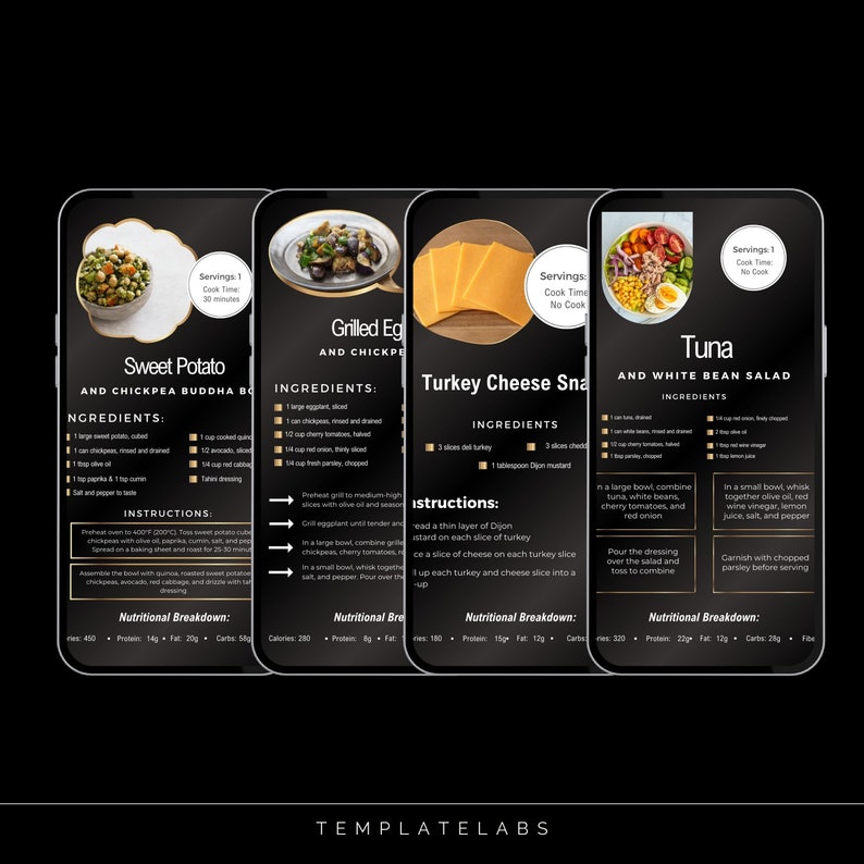 May include: Four phone screens displaying recipes for Sweet Potato and Chickpea Buddha Bowl, Grilled Eggplant and Chickpeas, Turkey Cheese Snacks, and Tuna and White Bean Salad. Each recipe includes a list of ingredients, instructions, and nutritional information.