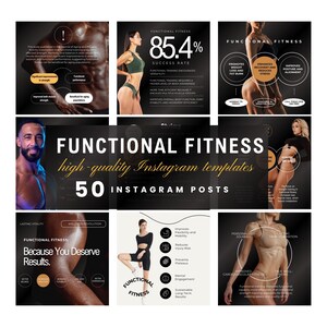 May include: A collage of images promoting functional fitness. The images include text such as "Functional Fitness", "50 Instagram Posts", and "Because You Deserve Results". The images also feature people in workout attire.