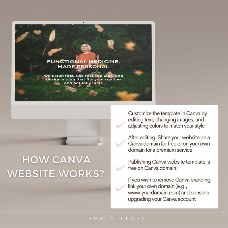 Puede incluir: Un monitor de computadora muestra un dise&ntilde;o de sitio web con el texto "FUNCTIONAL MEDICINE, MADE PERSONAL." La pantalla muestra una imagen de una persona en un entorno natural. El texto debajo dice "HOW CANVA WEBSITE WORKS?" y detalla la personalizaci&oacute;n del sitio web de Canva.